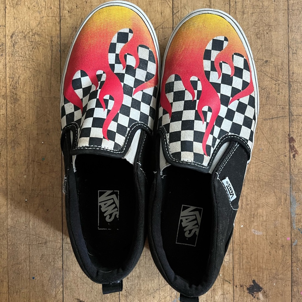 Checkerboard Vans with flames